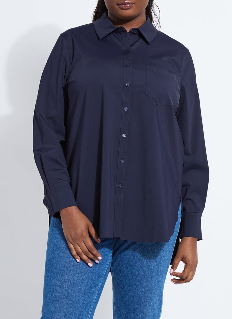 color=True Navy, front, best selling women's button up shirt in soft resilient microfiber, white denim jean leggings