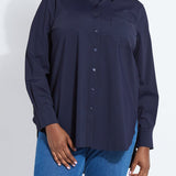 color=True Navy, front, best selling women's button up shirt in soft resilient microfiber, white denim jean leggings