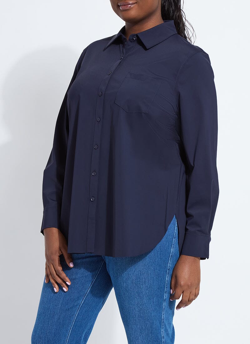 color=True Navy, front, best selling women's button up shirt in soft resilient microfiber, white denim jean leggings