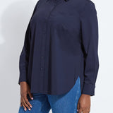 color=True Navy, front, best selling women's button up shirt in soft resilient microfiber, white denim jean leggings