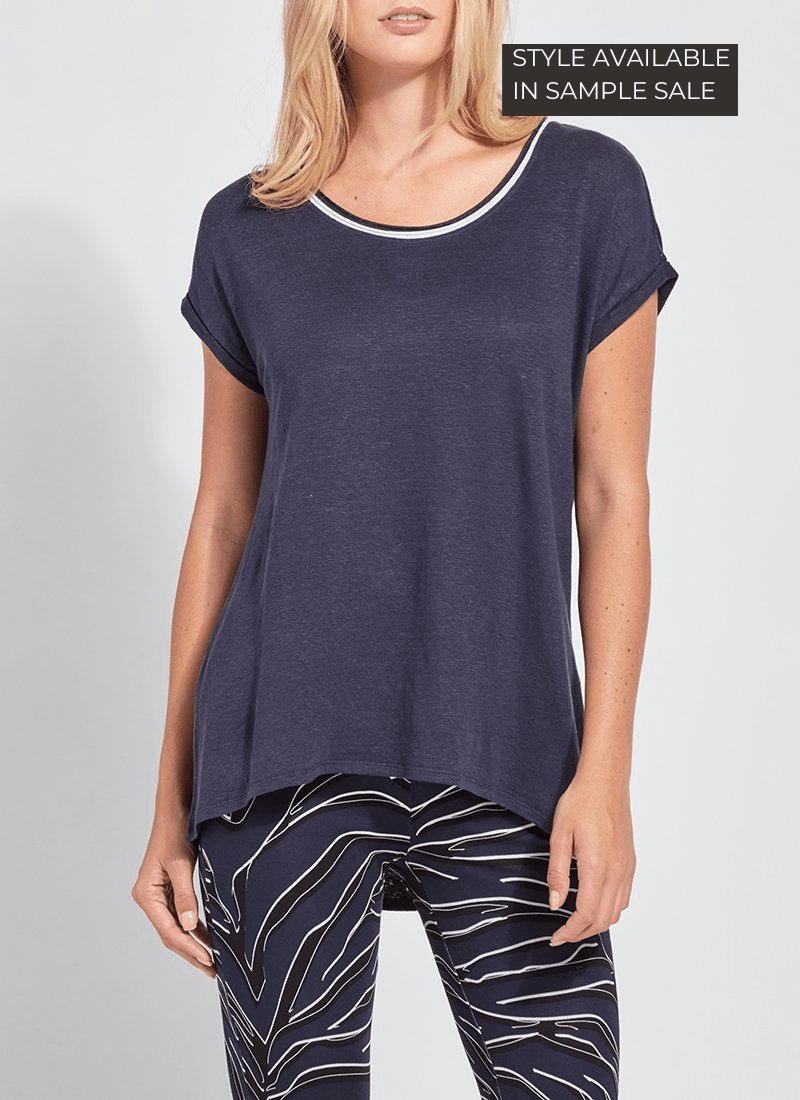 color=True Navy, front view, women’s all purpose casual t-shirt, made from a soft linen blend, versatile for layering