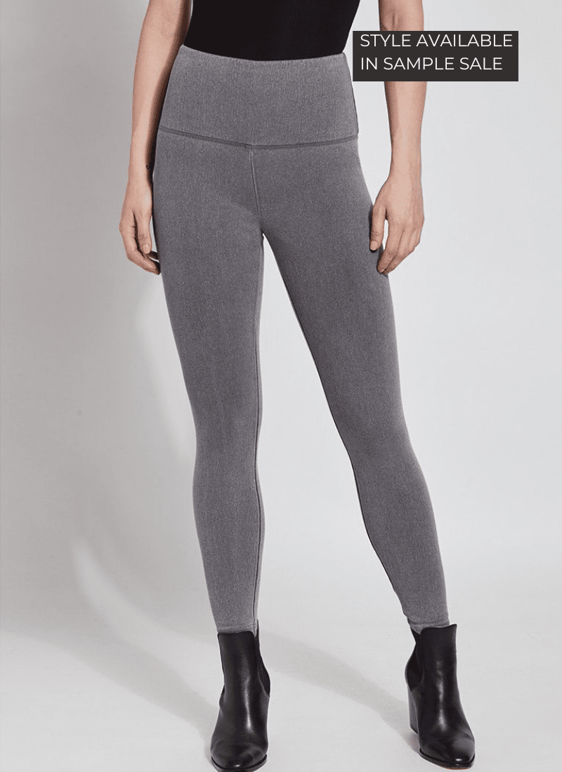 color=Mid Grey, Front shot of mid grey colored cotton and spandex denim leggings with concealed signature waistband from the waist down