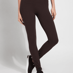 color=Double Espresso, front view, stretch cotton leggings, yoga pants, with smoothing comfort waistband and lifting, contouring seaming