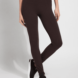 color=Double Espresso, front view, stretch cotton leggings, yoga pants, with smoothing comfort waistband and lifting, contouring seaming