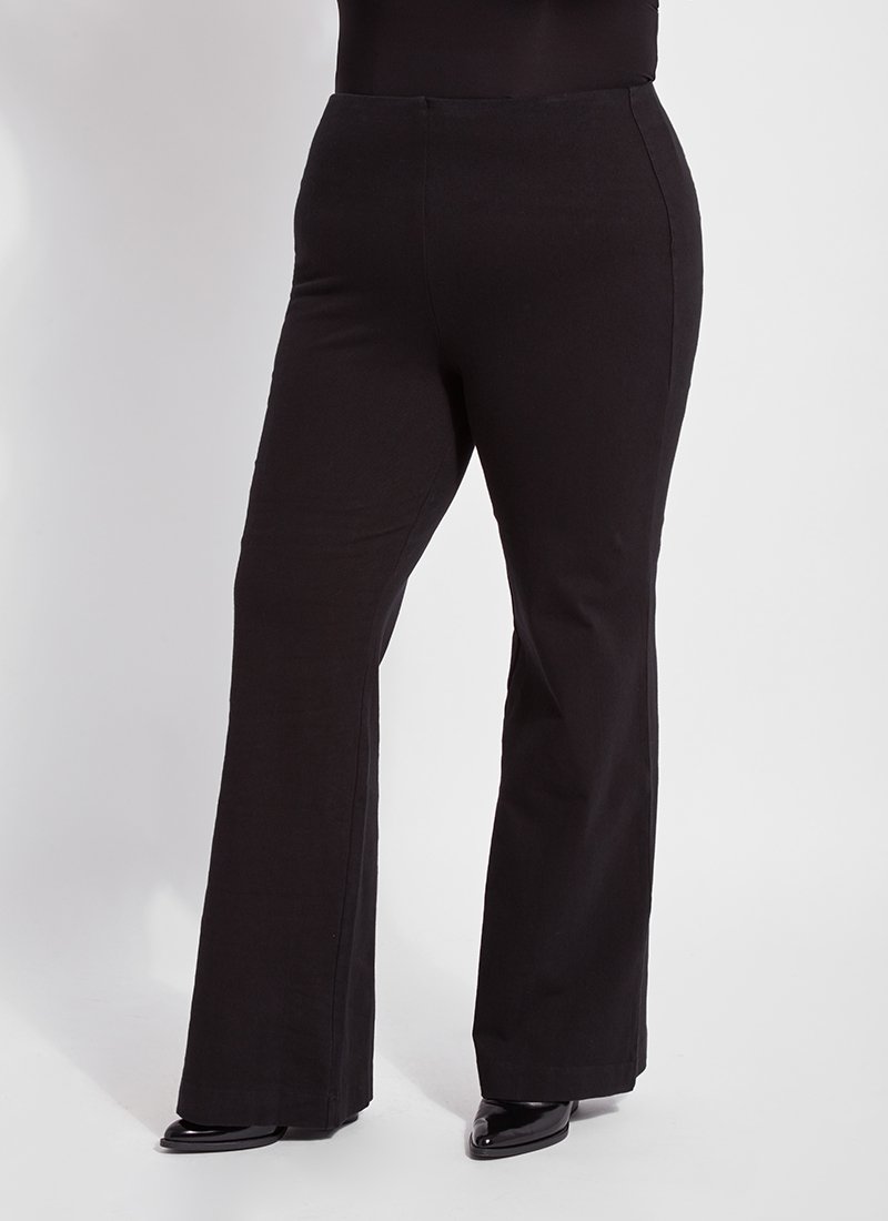 color=Black, front view, women's denim pant made from versatile stretch denim, has a concealed slimming waistband