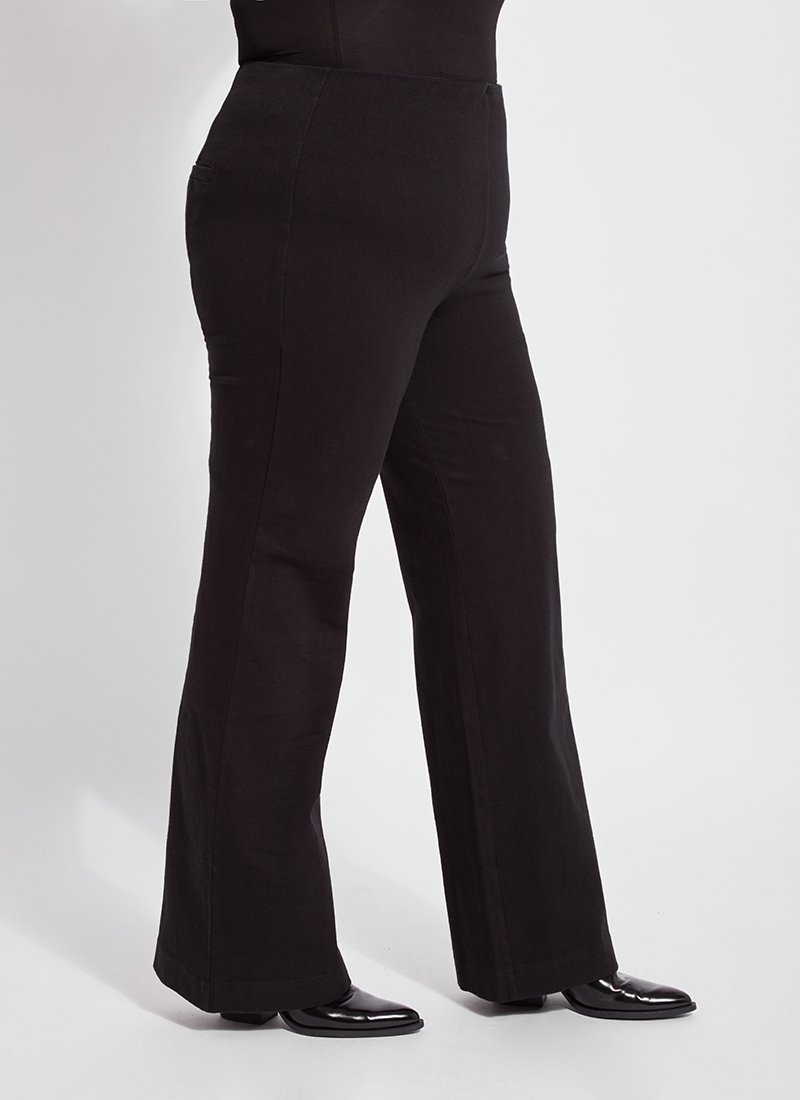color=Black, side view, women's denim pant made from versatile stretch denim, has a concealed slimming waistband