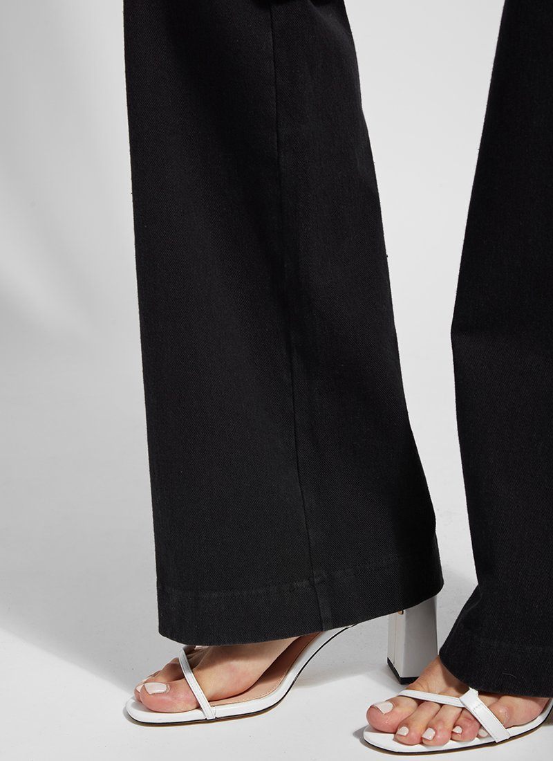 color=Black, hemline detail, denim trouser with smooth fitting easy styling, smoothing waistband