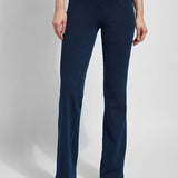 color=Indigo, front view, women's denim pant made from versatile stretch denim, has a concealed slimming waistband