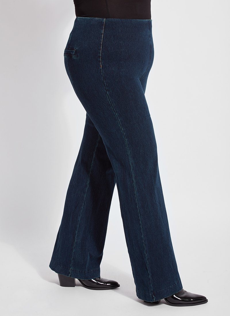 color=Indigo, side view, women's denim pant made from versatile stretch denim, has a concealed slimming waistband