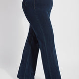 color=Indigo, side view, women's denim pant made from versatile stretch denim, has a concealed slimming waistband