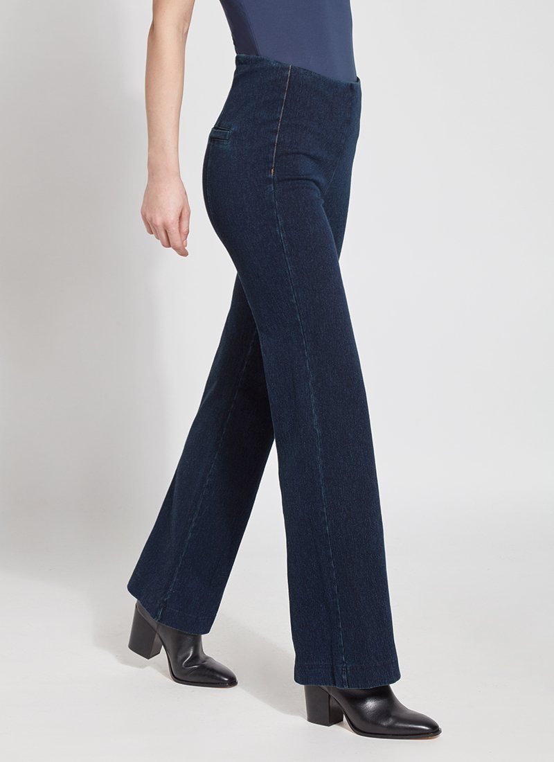 color=Indigo, side view, denim trouser with smooth fitting easy styling, smoothing waistband