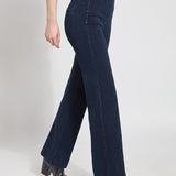 color=Indigo, side view, denim trouser with smooth fitting easy styling, smoothing waistband