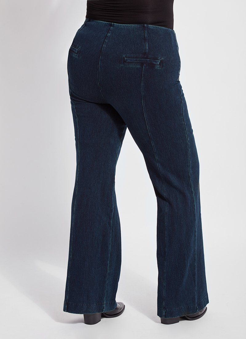 color=Indigo, back view, women's denim pant made from versatile stretch denim, has a concealed slimming waistband