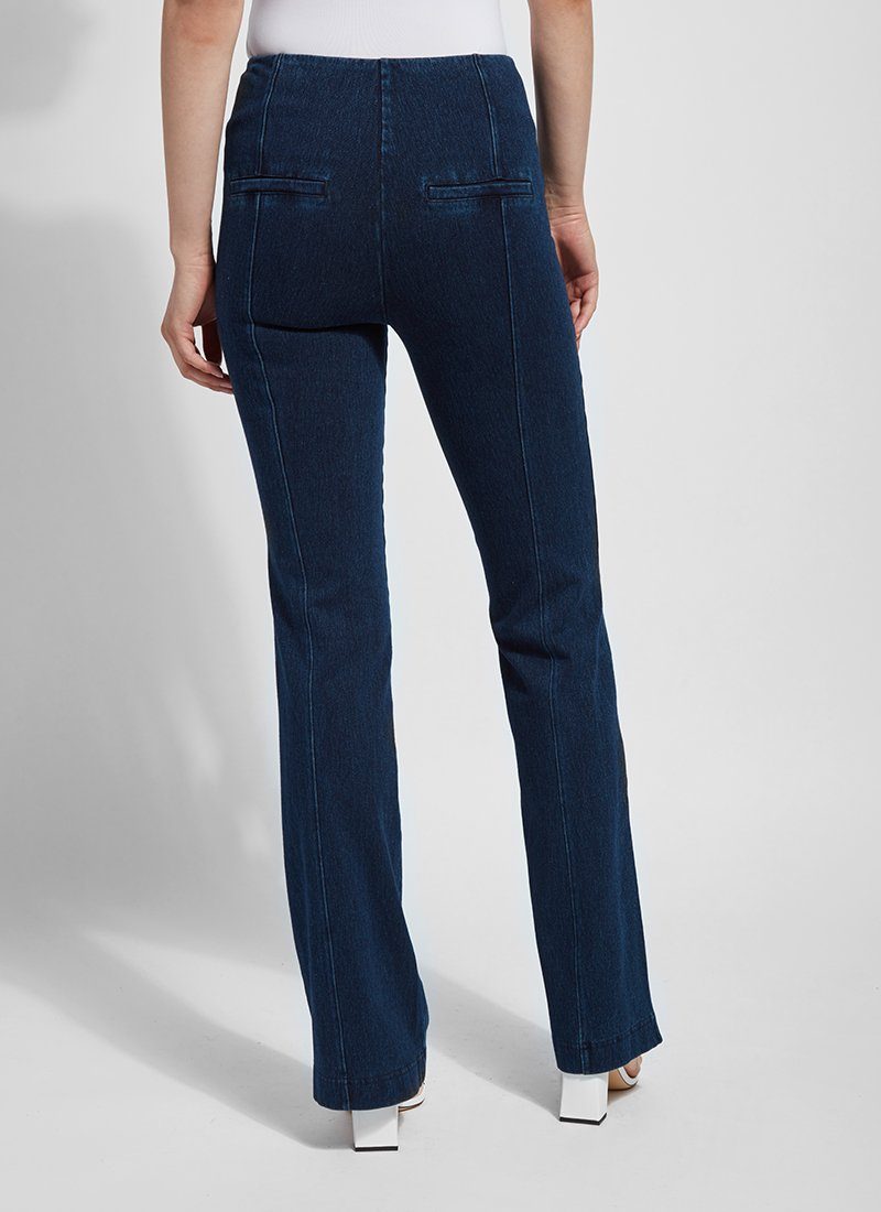 color=Indigo, back view, women's denim pant made from versatile stretch denim, has a concealed slimming waistband