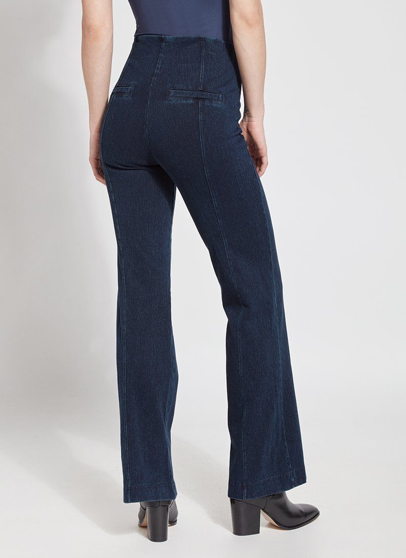 color=Indigo, back view, denim trouser with smooth fitting easy styling, smoothing waistband