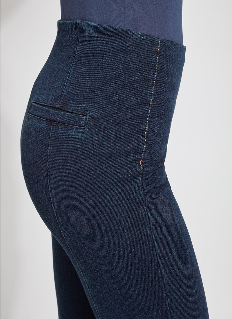 color=Indigo, side waist detail, denim trouser with smooth fitting easy styling, smoothing waistband
