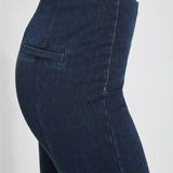 color=Indigo, side waist detail, denim trouser with smooth fitting easy styling, smoothing waistband