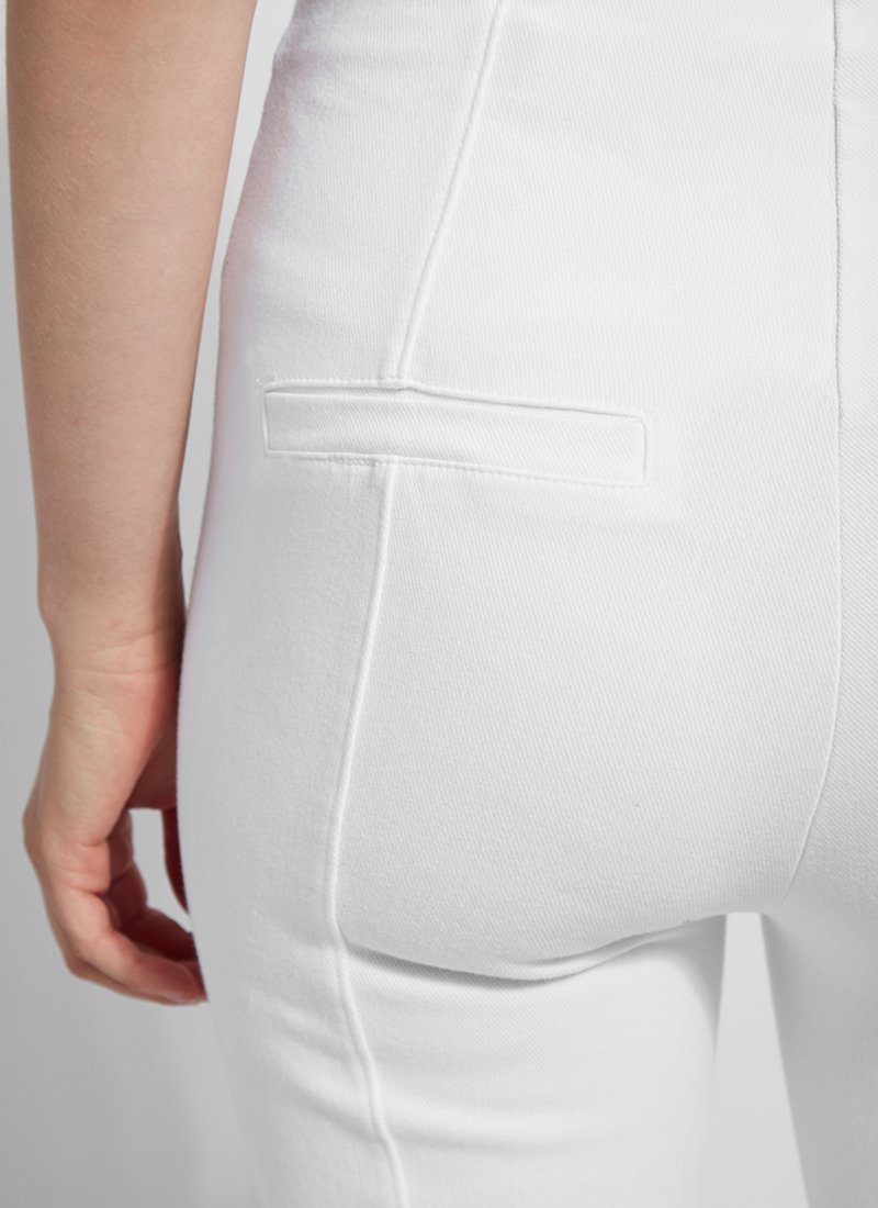color=White, back detail, denim trouser with smooth fitting easy styling, smoothing waistband