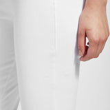 color=White, leg detail, denim trouser with smooth fitting easy styling, smoothing waistband