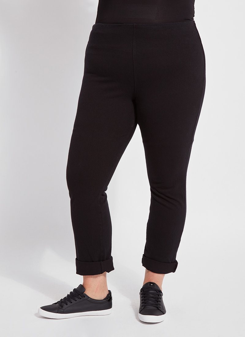 color=Black, front view, plus size boyfriend cut denim leggings with comfort waistband to smooth and slim