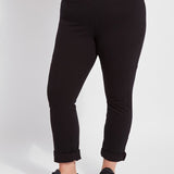 color=Black, front view, plus size boyfriend cut denim leggings with comfort waistband to smooth and slim