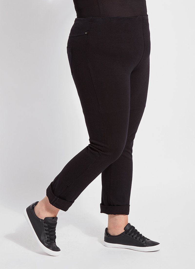 color=Black, front angle, plus size boyfriend cut denim leggings with comfort waistband to smooth and slim