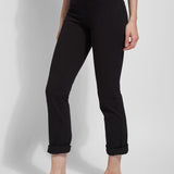 color=Black, front view, plus size boyfriend cut denim leggings with comfort waistband to smooth and slim