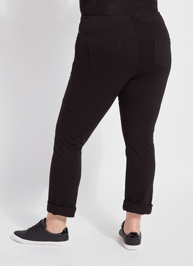color=Black, back view, plus size boyfriend cut denim leggings with comfort waistband to smooth and slim