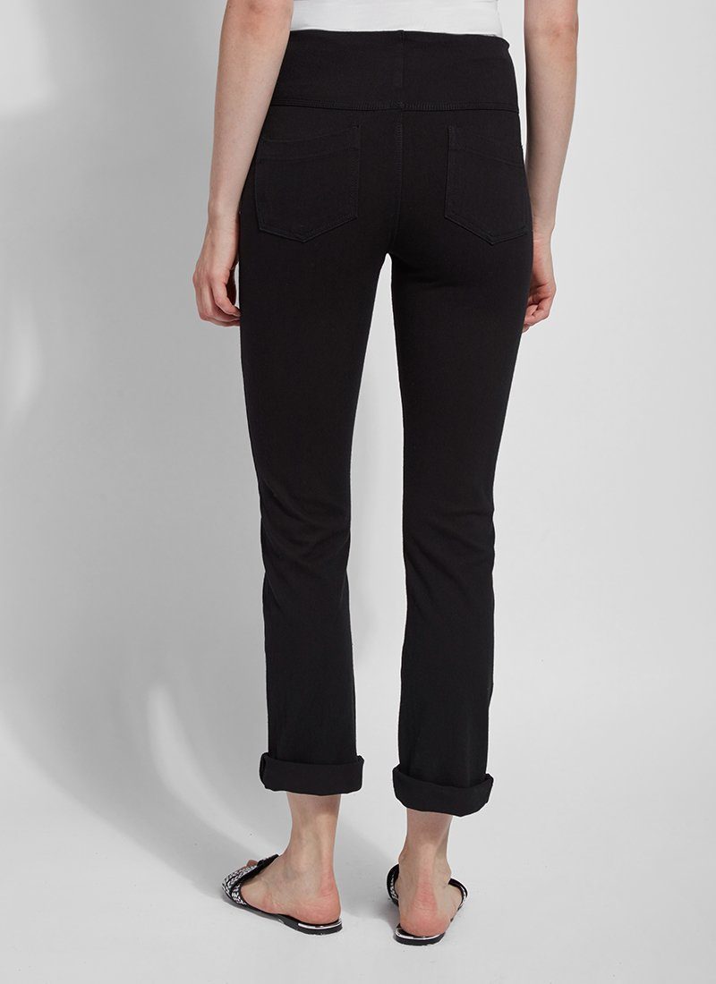 color=Black, back view, plus size boyfriend cut denim leggings with comfort waistband to smooth and slim