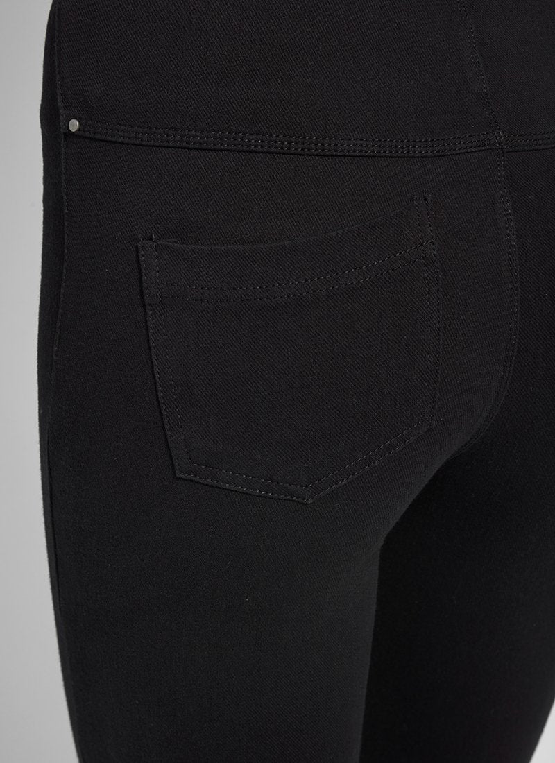 color=Black, back detail, plus size boyfriend cut denim leggings with comfort waistband to smooth and slim