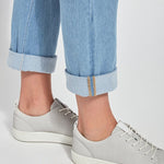 color=Bleached Blue, Cuff detail of bleached blue, 4-way stretch, relaxed boyfriend denim jean legging