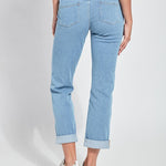 color=Bleached Blue, Rear view of bleached blue, 4-way stretch, relaxed boyfriend denim jean legging, from waist down
