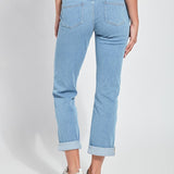 color=Bleached Blue, back view, plus size boyfriend cut denim leggings with comfort waistband to smooth and slim