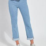 color=Bleached Blue, front view of 4-way stretch, relaxed boyfriend denim jean legging, seen from waist down