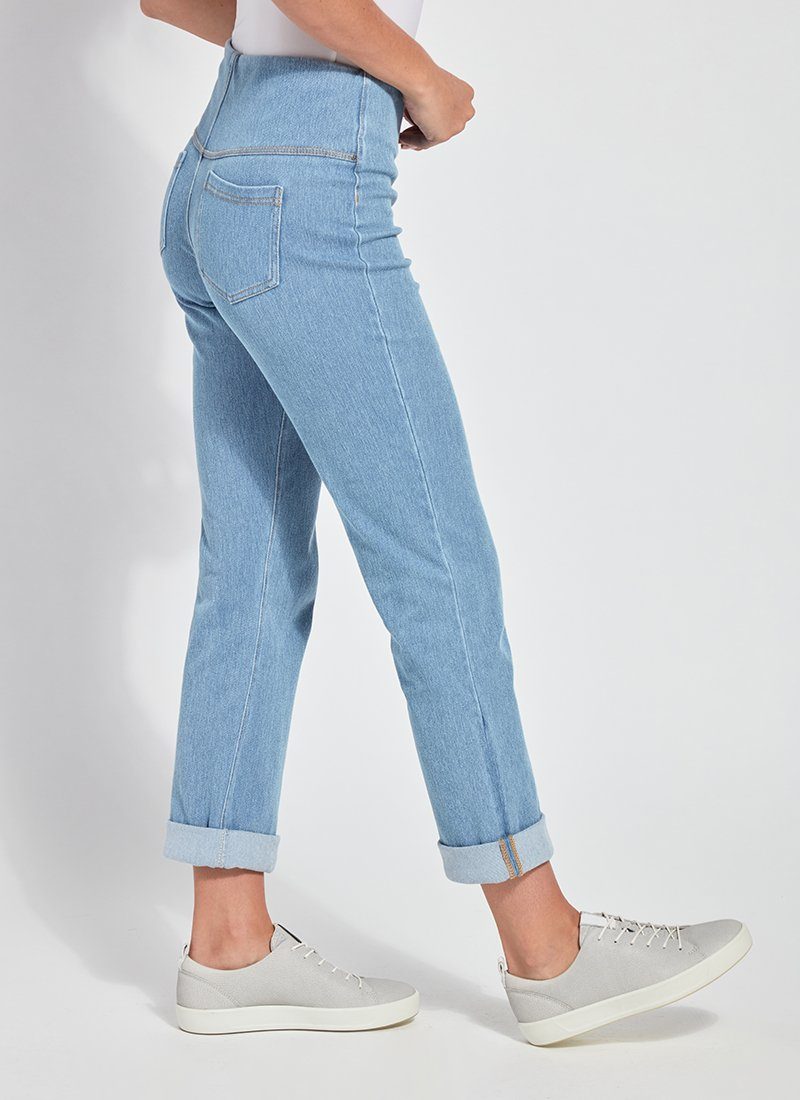 color=Bleached Blue, side view, plus size boyfriend cut denim leggings with comfort waistband to smooth and slim