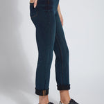 color=Indigo, side view, 4-way stretch, relaxed boyfriend denim jean legging with comfort waistband