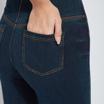 color=Indigo, back waist detail, 4-way stretch, relaxed boyfriend denim jean legging with comfort waistband