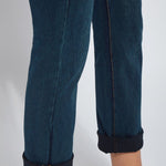 color=Indigo, hem detail, 4-way stretch, relaxed boyfriend denim jean legging with comfort waistband