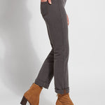 color= Mid Grey, Side view of mid grey, 4-way stretch, relaxed boyfriend denim jean legging