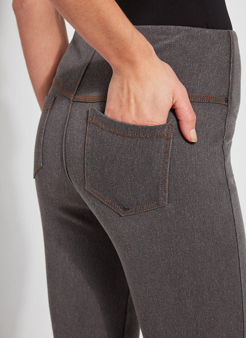 color=Mid Grey, back detail, plus size boyfriend cut denim leggings with comfort waistband to smooth and slim