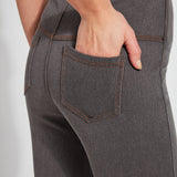 color=Mid Grey, back detail, plus size boyfriend cut denim leggings with comfort waistband to smooth and slim