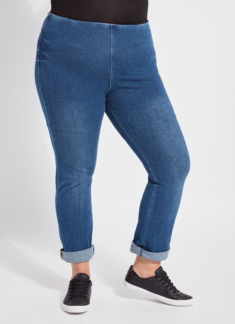 color=Mid Wash, front view, plus size boyfriend cut denim leggings with comfort waistband to smooth and slim