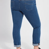 color=Mid Wash, back view, plus size boyfriend cut denim leggings with comfort waistband to smooth and slim
