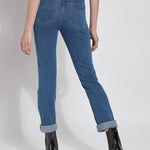 color=Mid Wash, Rear view of mid wash blue, 4-way stretch, relaxed boyfriend denim jean legging, seen from waist down