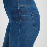 color=Mid Wash, waist detail, plus size boyfriend cut denim leggings with comfort waistband to smooth and slim