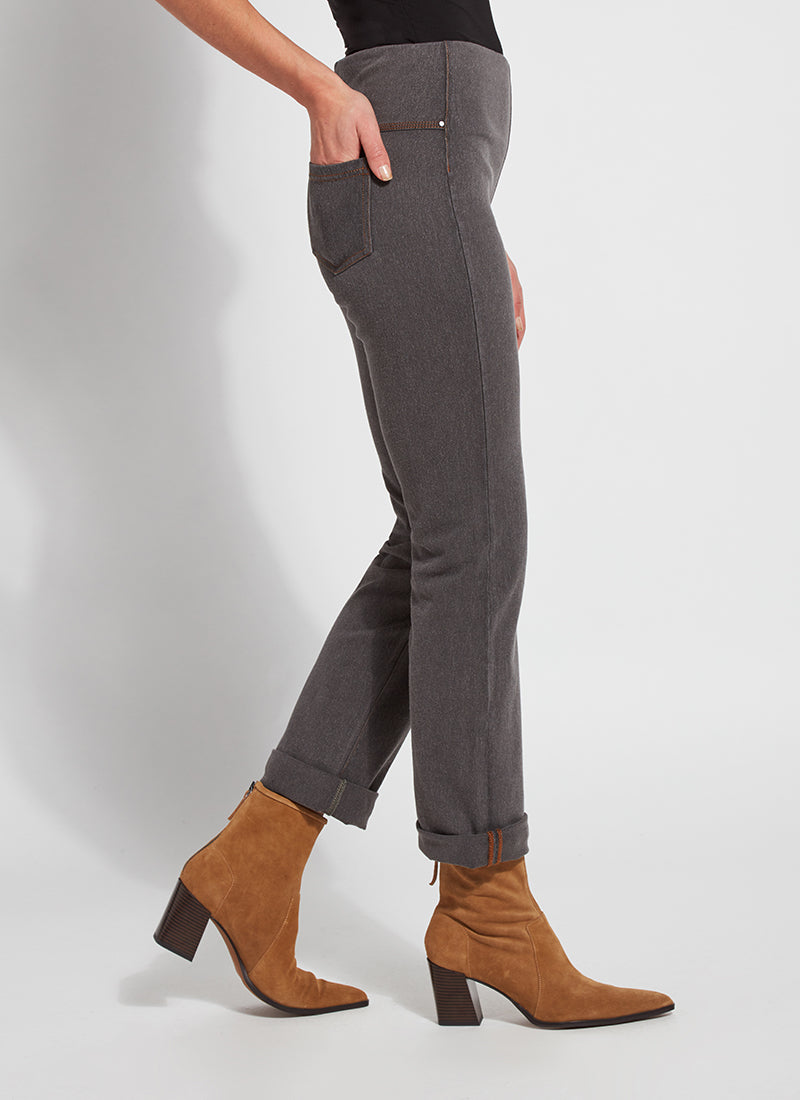 color=Mid Grey, side view, plus size boyfriend cut denim leggings with comfort waistband to smooth and slim