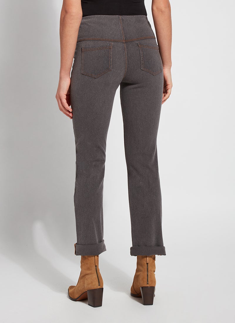 color=Mid Grey, back view, plus size boyfriend cut denim leggings with comfort waistband to smooth and slim