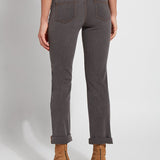 color=Mid Grey, back view, plus size boyfriend cut denim leggings with comfort waistband to smooth and slim