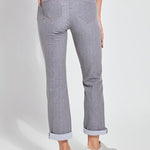 color=Uptown Grey, Rear view of uptown grey, 4-way stretch, relaxed boyfriend denim jean legging, from waist down