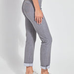 color=Uptown Grey, Side view of Uptown Grey, 4-way stretch, relaxed boyfriend denim jean legging, seen from waist down